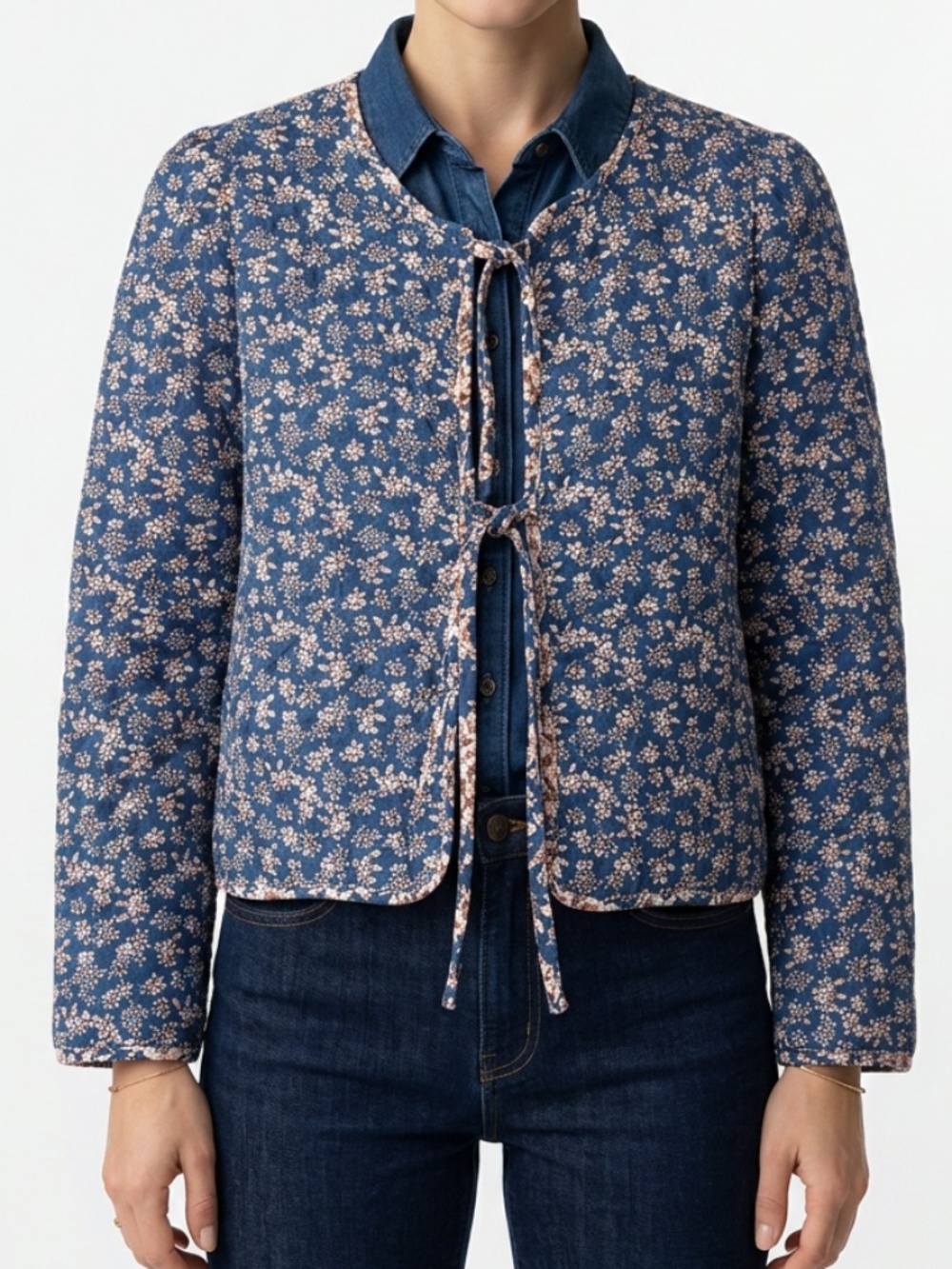 LISTICLE • NWT Blue Floral Quilted Tie Front Jacket Pockets Size Large